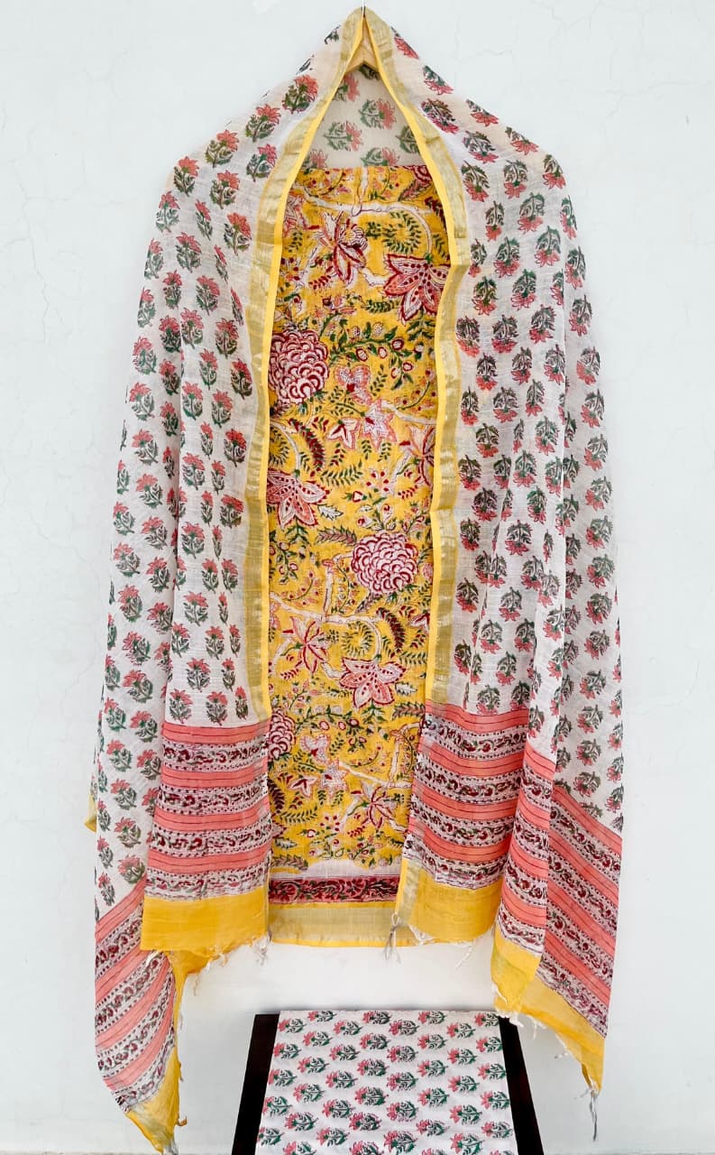 Hand block Printed and Painted full Linen Suit