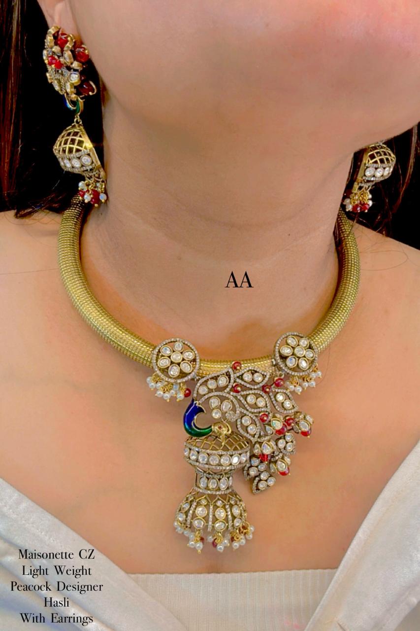 Maisonette CZ Light Weight Peacock Designer Hasli with Earrings 